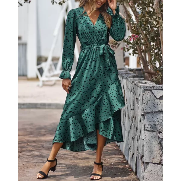 BTFBM Women Long Sleeve Wrap Maxi Dress V Neck Boho Floral High Waist Flowy Ruffle 2024 Spring Summer Dresses with BeltLeopard Dot Green