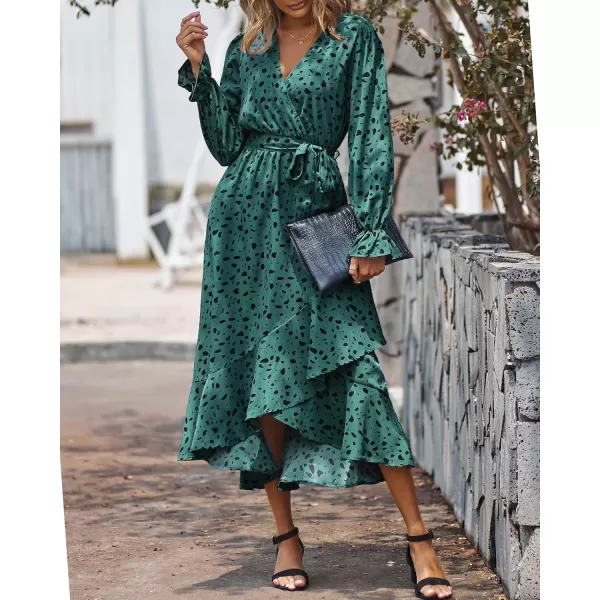 BTFBM Women Long Sleeve Wrap Maxi Dress V Neck Boho Floral High Waist Flowy Ruffle 2024 Spring Summer Dresses with BeltLeopard Dot Green