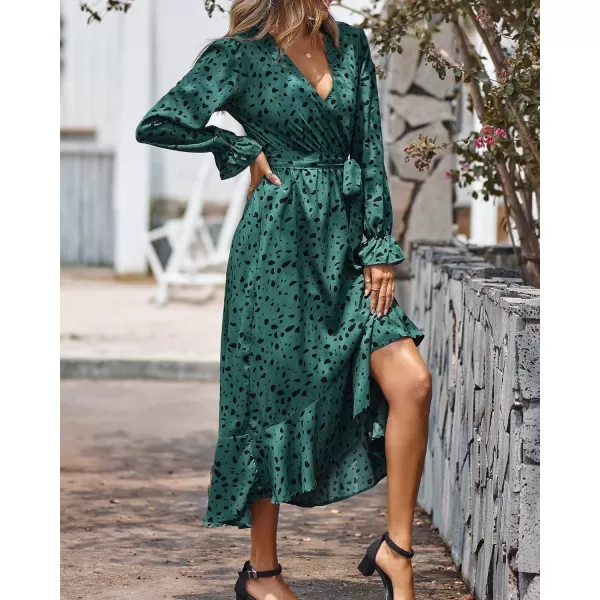 BTFBM Women Long Sleeve Wrap Maxi Dress V Neck Boho Floral High Waist Flowy Ruffle 2024 Spring Summer Dresses with BeltLeopard Dot Green