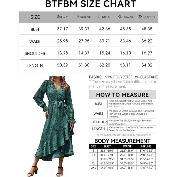 BTFBM Women Long Sleeve Wrap Maxi Dress V Neck Boho Floral High Waist Flowy Ruffle 2024 Spring Summer Dresses with BeltLeopard Dot Green