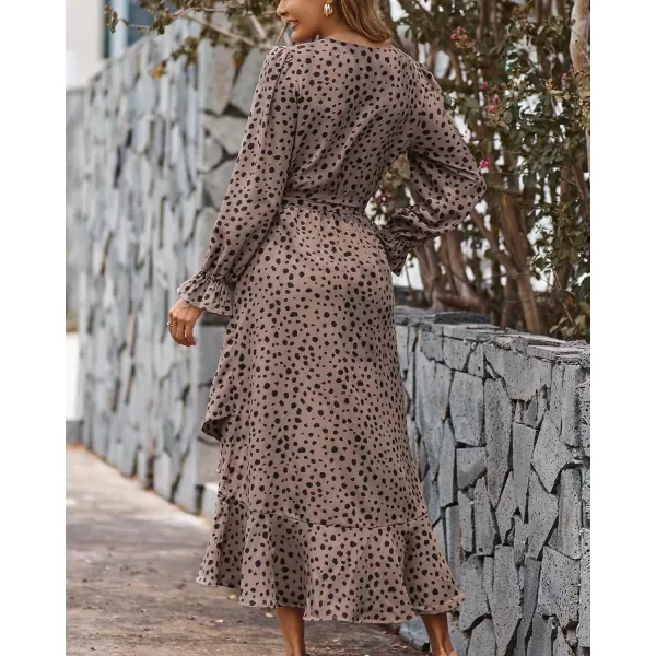 BTFBM Women Long Sleeve Wrap Maxi Dress V Neck Boho Floral High Waist Flowy Ruffle 2024 Spring Summer Dresses with BeltLeopard Dot Light Khaki