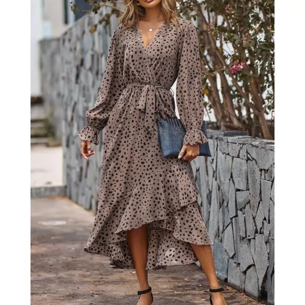 BTFBM Women Long Sleeve Wrap Maxi Dress V Neck Boho Floral High Waist Flowy Ruffle 2024 Spring Summer Dresses with BeltLeopard Dot Light Khaki
