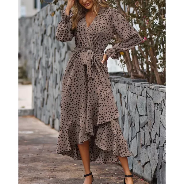BTFBM Women Long Sleeve Wrap Maxi Dress V Neck Boho Floral High Waist Flowy Ruffle 2024 Spring Summer Dresses with BeltLeopard Dot Light Khaki