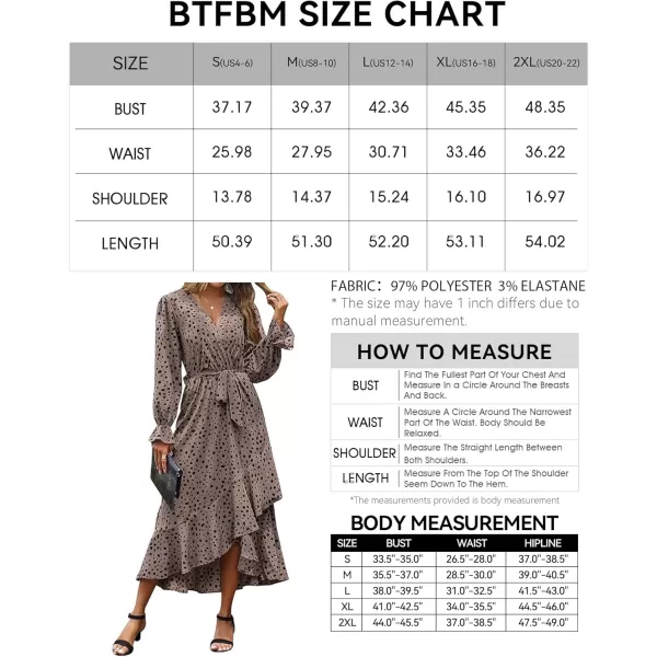 BTFBM Women Long Sleeve Wrap Maxi Dress V Neck Boho Floral High Waist Flowy Ruffle 2024 Spring Summer Dresses with BeltLeopard Dot Light Khaki