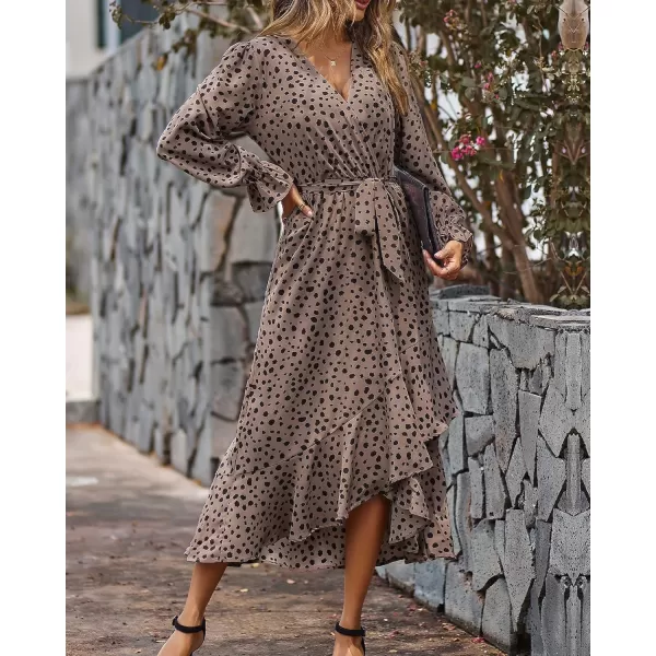 BTFBM Women Long Sleeve Wrap Maxi Dress V Neck Boho Floral High Waist Flowy Ruffle 2024 Spring Summer Dresses with BeltLeopard Dot Light Khaki