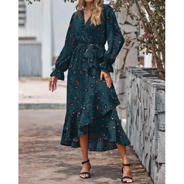 BTFBM Women Long Sleeve Wrap Maxi Dress V Neck Boho Floral High Waist Flowy Ruffle 2024 Spring Summer Dresses with BeltLeopard Navy