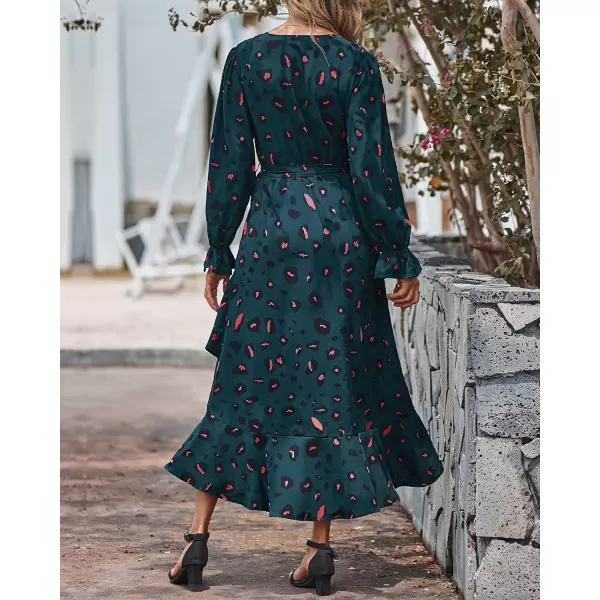 BTFBM Women Long Sleeve Wrap Maxi Dress V Neck Boho Floral High Waist Flowy Ruffle 2024 Spring Summer Dresses with BeltLeopard Navy