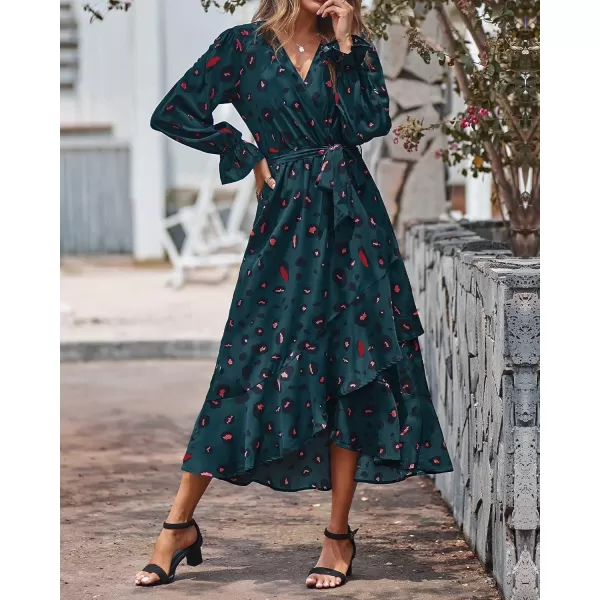 BTFBM Women Long Sleeve Wrap Maxi Dress V Neck Boho Floral High Waist Flowy Ruffle 2024 Spring Summer Dresses with BeltLeopard Navy