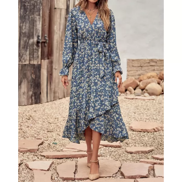 BTFBM Women Long Sleeve Wrap Maxi Dress V Neck Boho Floral High Waist Flowy Ruffle 2024 Spring Summer Dresses with BeltPrint Floral Blue