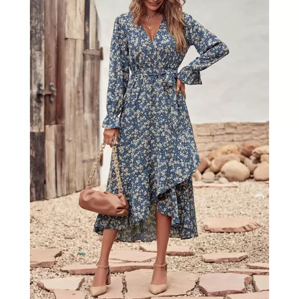 BTFBM Women Long Sleeve Wrap Maxi Dress V Neck Boho Floral High Waist Flowy Ruffle 2024 Spring Summer Dresses with BeltPrint Floral Blue