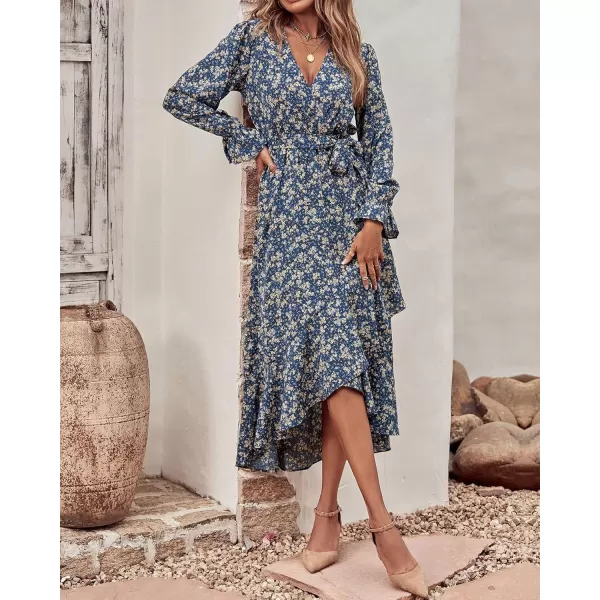 BTFBM Women Long Sleeve Wrap Maxi Dress V Neck Boho Floral High Waist Flowy Ruffle 2024 Spring Summer Dresses with BeltPrint Floral Blue