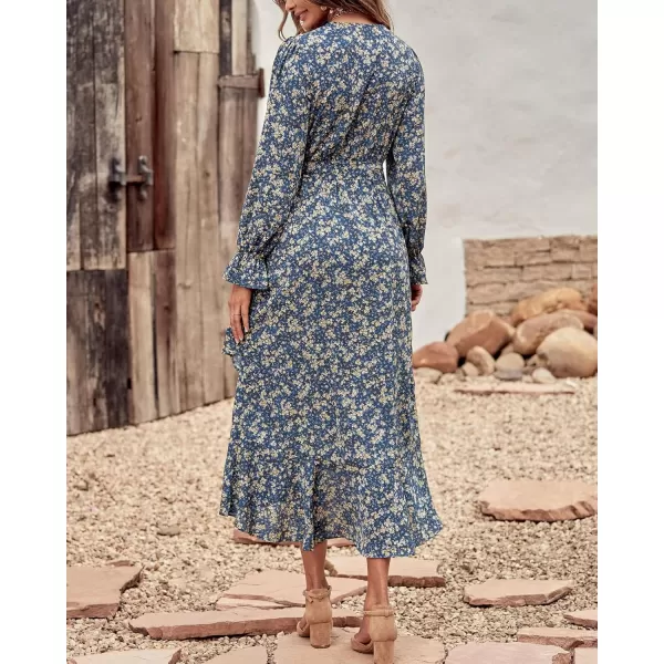 BTFBM Women Long Sleeve Wrap Maxi Dress V Neck Boho Floral High Waist Flowy Ruffle 2024 Spring Summer Dresses with BeltPrint Floral Blue