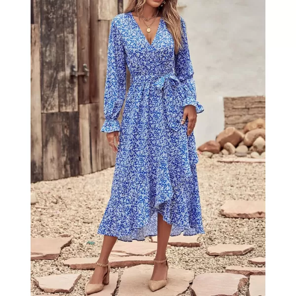 BTFBM Women Long Sleeve Wrap Maxi Dress V Neck Boho Floral High Waist Flowy Ruffle 2024 Spring Summer Dresses with BeltWhite Floral Bright Blue