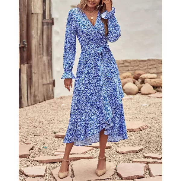 BTFBM Women Long Sleeve Wrap Maxi Dress V Neck Boho Floral High Waist Flowy Ruffle 2024 Spring Summer Dresses with BeltWhite Floral Bright Blue