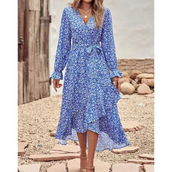 BTFBM Women Long Sleeve Wrap Maxi Dress V Neck Boho Floral High Waist Flowy Ruffle 2024 Spring Summer Dresses with BeltWhite Floral Bright Blue