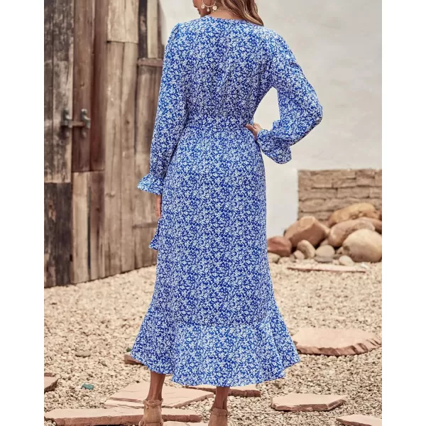 BTFBM Women Long Sleeve Wrap Maxi Dress V Neck Boho Floral High Waist Flowy Ruffle 2024 Spring Summer Dresses with BeltWhite Floral Bright Blue