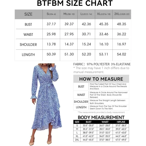 BTFBM Women Long Sleeve Wrap Maxi Dress V Neck Boho Floral High Waist Flowy Ruffle 2024 Spring Summer Dresses with BeltWhite Floral Bright Blue