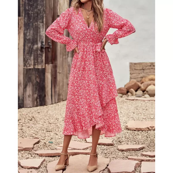 BTFBM Women Long Sleeve Wrap Maxi Dress V Neck Boho Floral High Waist Flowy Ruffle 2024 Spring Summer Dresses with BeltWhite Floral Red