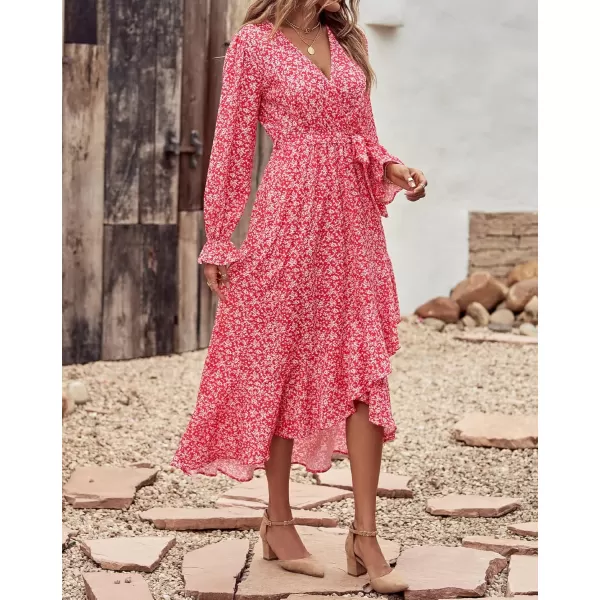 BTFBM Women Long Sleeve Wrap Maxi Dress V Neck Boho Floral High Waist Flowy Ruffle 2024 Spring Summer Dresses with BeltWhite Floral Red