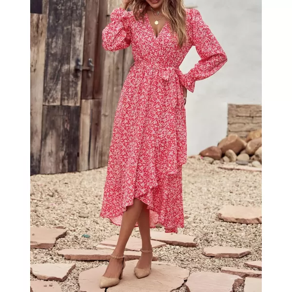 BTFBM Women Long Sleeve Wrap Maxi Dress V Neck Boho Floral High Waist Flowy Ruffle 2024 Spring Summer Dresses with BeltWhite Floral Red