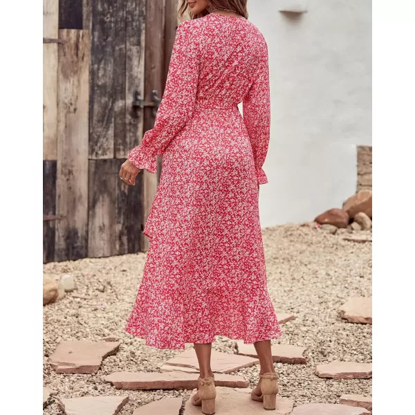 BTFBM Women Long Sleeve Wrap Maxi Dress V Neck Boho Floral High Waist Flowy Ruffle 2024 Spring Summer Dresses with BeltWhite Floral Red