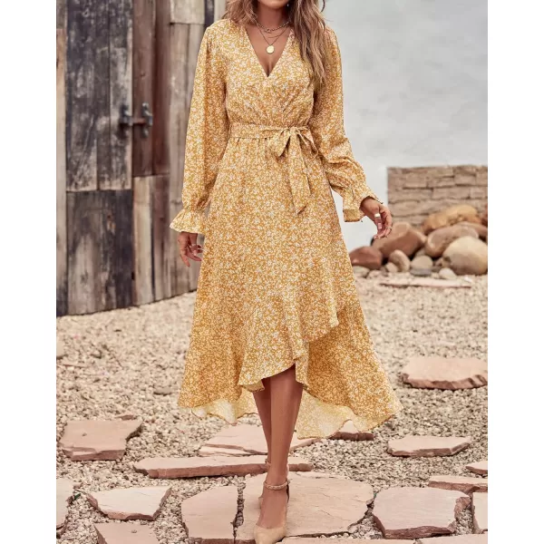 BTFBM Women Long Sleeve Wrap Maxi Dress V Neck Boho Floral High Waist Flowy Ruffle 2024 Spring Summer Dresses with BeltWhite Floral Yellow