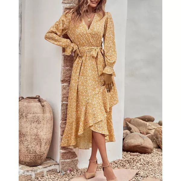 BTFBM Women Long Sleeve Wrap Maxi Dress V Neck Boho Floral High Waist Flowy Ruffle 2024 Spring Summer Dresses with BeltWhite Floral Yellow