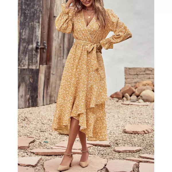 BTFBM Women Long Sleeve Wrap Maxi Dress V Neck Boho Floral High Waist Flowy Ruffle 2024 Spring Summer Dresses with BeltWhite Floral Yellow