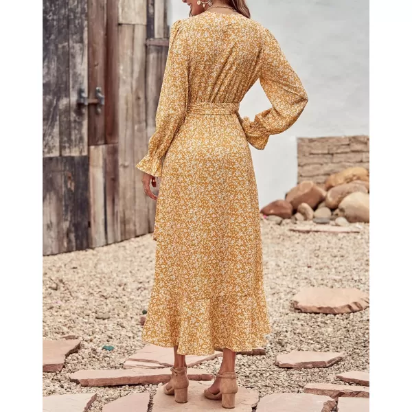 BTFBM Women Long Sleeve Wrap Maxi Dress V Neck Boho Floral High Waist Flowy Ruffle 2024 Spring Summer Dresses with BeltWhite Floral Yellow