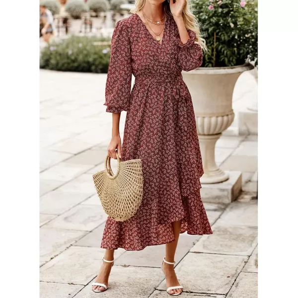 BTFBM Women Long Sleeve Wrap Maxi Dress V Neck Boho Floral High Waist Flowy Ruffle 2024 Spring Summer Dresses with BeltWine RedWhite