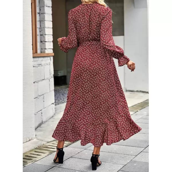 BTFBM Women Long Sleeve Wrap Maxi Dress V Neck Boho Floral High Waist Flowy Ruffle 2024 Spring Summer Dresses with BeltWine RedWhite