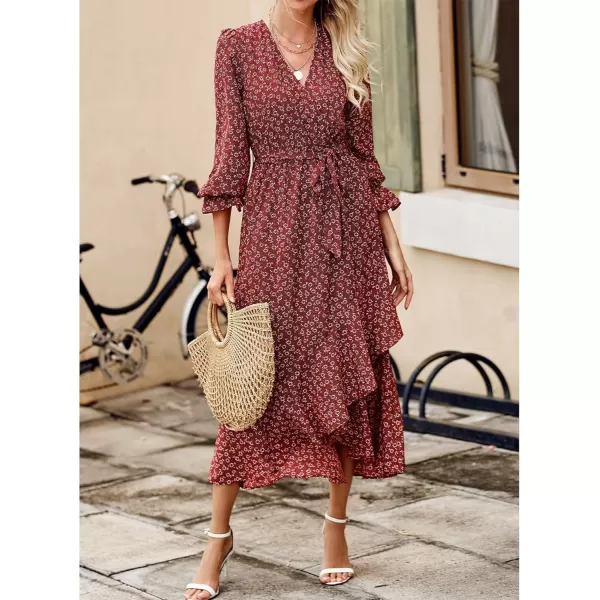 BTFBM Women Long Sleeve Wrap Maxi Dress V Neck Boho Floral High Waist Flowy Ruffle 2024 Spring Summer Dresses with BeltWine RedWhite