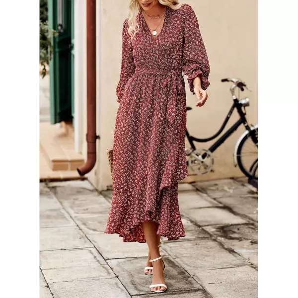 BTFBM Women Long Sleeve Wrap Maxi Dress V Neck Boho Floral High Waist Flowy Ruffle 2024 Spring Summer Dresses with BeltWine RedWhite