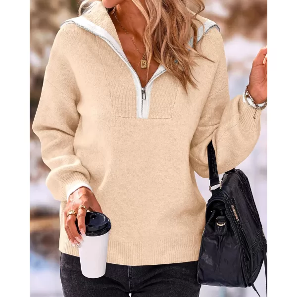 BTFBM Womens 2024 Fall Winter Half Zip Pullover Sweaters Casual V Neck Long Sleeve Ribbed Knit Loose Jumper TopsSolid Beige