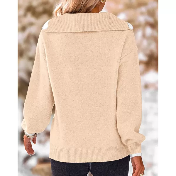 BTFBM Womens 2024 Fall Winter Half Zip Pullover Sweaters Casual V Neck Long Sleeve Ribbed Knit Loose Jumper TopsSolid Beige