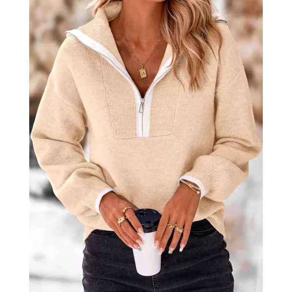 BTFBM Womens 2024 Fall Winter Half Zip Pullover Sweaters Casual V Neck Long Sleeve Ribbed Knit Loose Jumper TopsSolid Beige