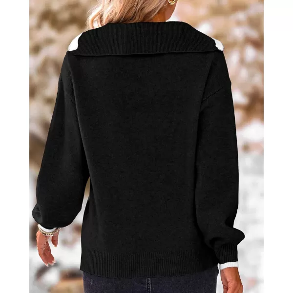 BTFBM Womens 2024 Fall Winter Half Zip Pullover Sweaters Casual V Neck Long Sleeve Ribbed Knit Loose Jumper TopsSolid Black