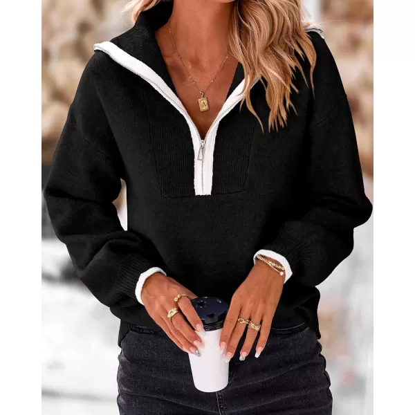 BTFBM Womens 2024 Fall Winter Half Zip Pullover Sweaters Casual V Neck Long Sleeve Ribbed Knit Loose Jumper TopsSolid Black