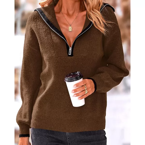 BTFBM Womens 2024 Fall Winter Half Zip Pullover Sweaters Casual V Neck Long Sleeve Ribbed Knit Loose Jumper TopsSolid Coffee