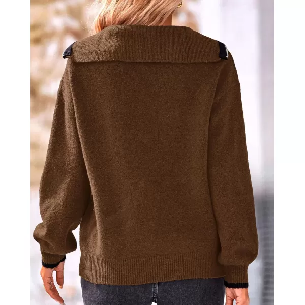 BTFBM Womens 2024 Fall Winter Half Zip Pullover Sweaters Casual V Neck Long Sleeve Ribbed Knit Loose Jumper TopsSolid Coffee