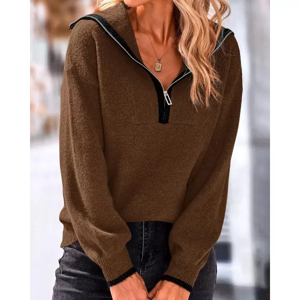 BTFBM Womens 2024 Fall Winter Half Zip Pullover Sweaters Casual V Neck Long Sleeve Ribbed Knit Loose Jumper TopsSolid Coffee