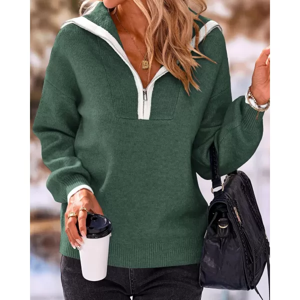BTFBM Womens 2024 Fall Winter Half Zip Pullover Sweaters Casual V Neck Long Sleeve Ribbed Knit Loose Jumper TopsSolid Dark Green