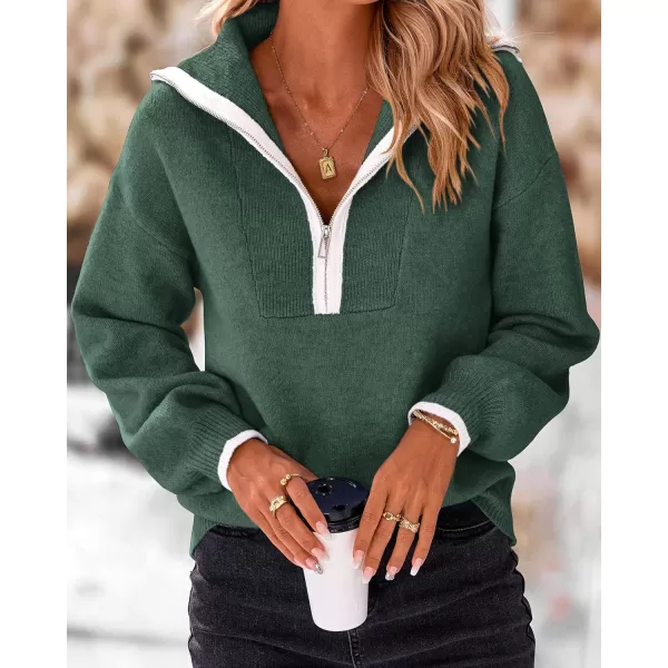 BTFBM Womens 2024 Fall Winter Half Zip Pullover Sweaters Casual V Neck Long Sleeve Ribbed Knit Loose Jumper TopsSolid Dark Green