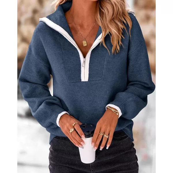 BTFBM Womens 2024 Fall Winter Half Zip Pullover Sweaters Casual V Neck Long Sleeve Ribbed Knit Loose Jumper TopsSolid Haze Blue