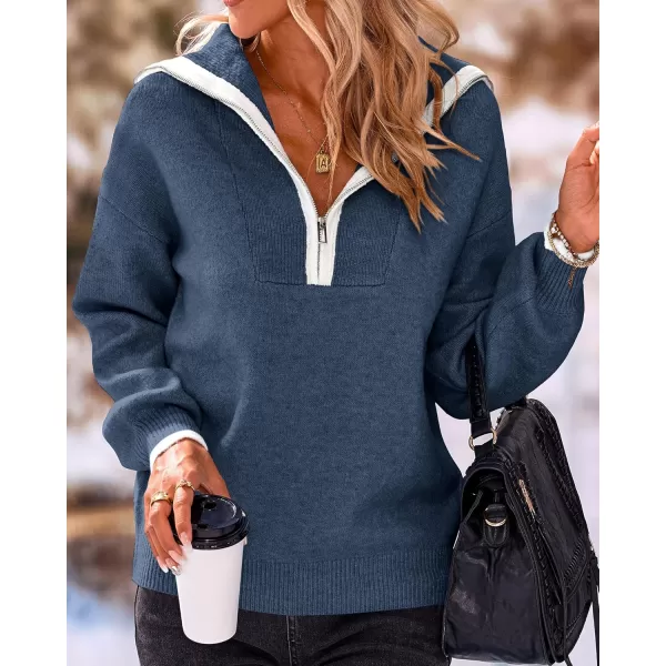 BTFBM Womens 2024 Fall Winter Half Zip Pullover Sweaters Casual V Neck Long Sleeve Ribbed Knit Loose Jumper TopsSolid Haze Blue