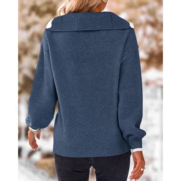 BTFBM Womens 2024 Fall Winter Half Zip Pullover Sweaters Casual V Neck Long Sleeve Ribbed Knit Loose Jumper TopsSolid Haze Blue