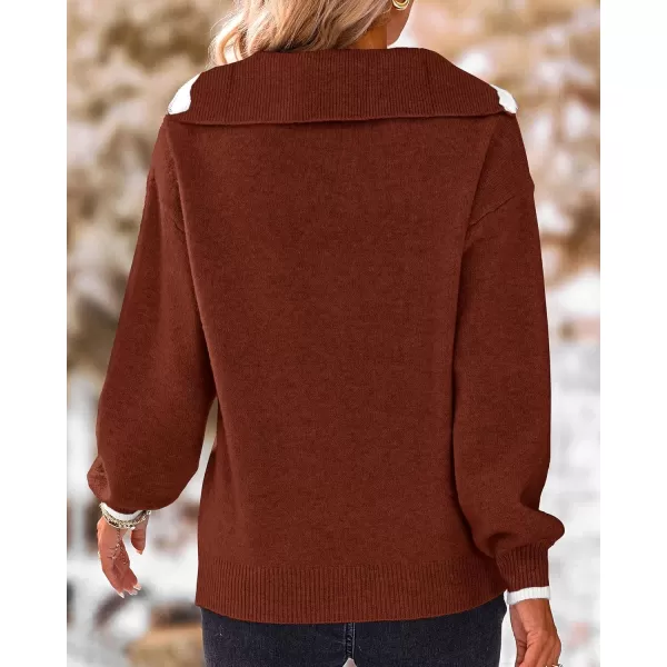 BTFBM Womens 2024 Fall Winter Half Zip Pullover Sweaters Casual V Neck Long Sleeve Ribbed Knit Loose Jumper TopsSolid Red Brown