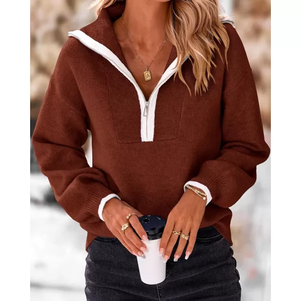 BTFBM Womens 2024 Fall Winter Half Zip Pullover Sweaters Casual V Neck Long Sleeve Ribbed Knit Loose Jumper TopsSolid Red Brown