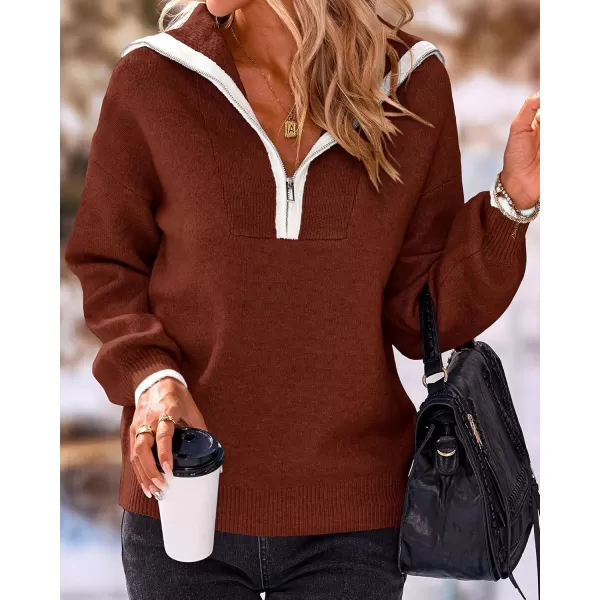 BTFBM Womens 2024 Fall Winter Half Zip Pullover Sweaters Casual V Neck Long Sleeve Ribbed Knit Loose Jumper TopsSolid Red Brown