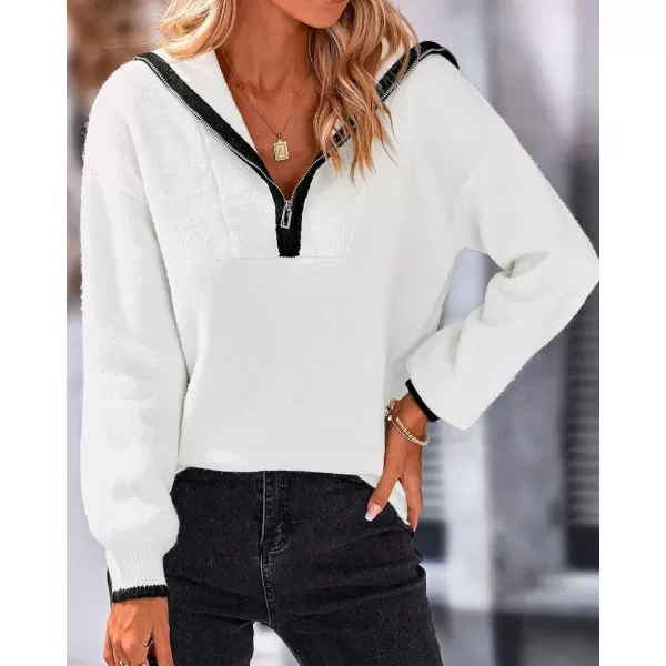 BTFBM Womens 2024 Fall Winter Half Zip Pullover Sweaters Casual V Neck Long Sleeve Ribbed Knit Loose Jumper TopsSolid White